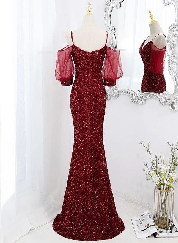 Wine Red Velvet Mermaid Long Party Prom Dress