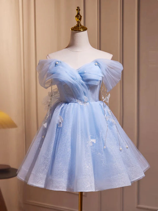 A-Line Off Shoulder Tulle Short Blue Homecoming Dresses