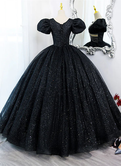 Glam Black Tulle Beaded Short Sleeves Prom Dress