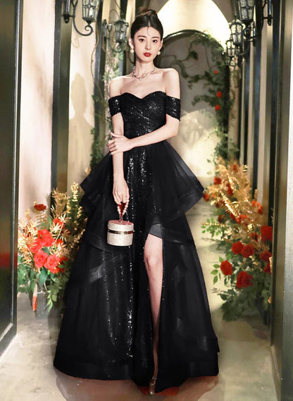 A-line Black Tulle and Sequins Long Prom Dress with Leg Slit