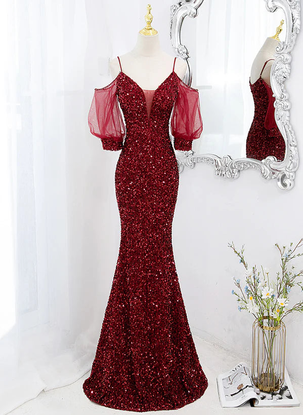 Wine Red Velvet Mermaid Long Party Prom Dress