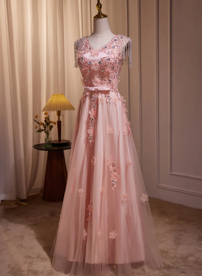 Pink V-neckline Tulle Beaded with Lace Applique Prom Dress