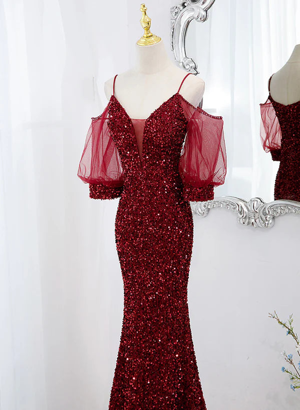 Wine Red Velvet Mermaid Long Party Prom Dress