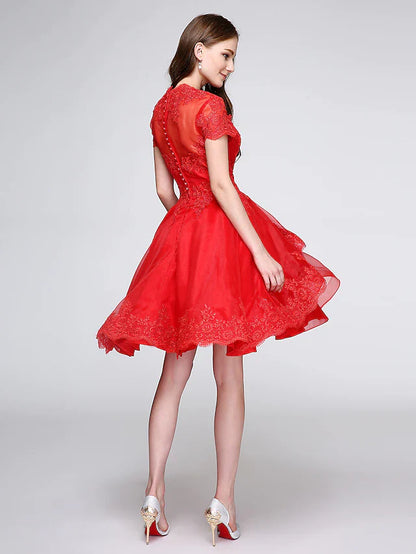 Cocktail Party Prom Dress Plunging Neck Short Sleeve Knee Length Organza Lace Over Tulle with Buttons Appliques