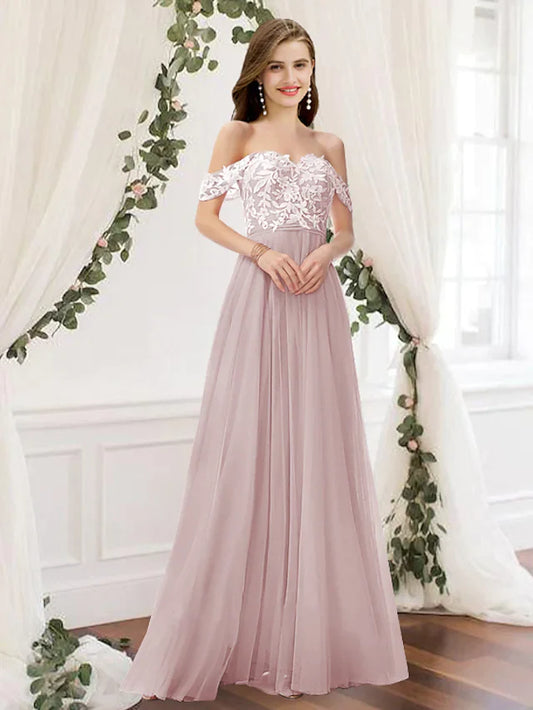 A-Line Off Shoulder Floor Length Chiffon Lace Bridesmaid Dress