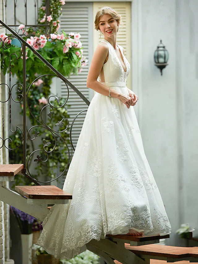 A-Line Wedding Dresses Plunging Neck Lace Over Tulle Sleeveless See-Through Beautiful Back Illusion Detail with Sash Ribbon Appliques