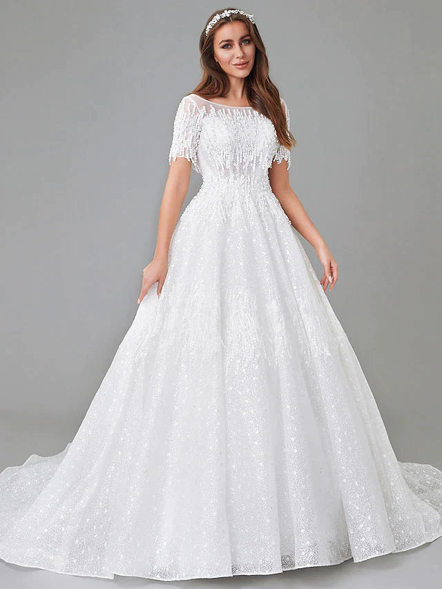 A-Line Wedding Dresses Bateau Neck Court Train Lace Satin Tulle Short Sleeve See-Through with Lace Insert Appliques