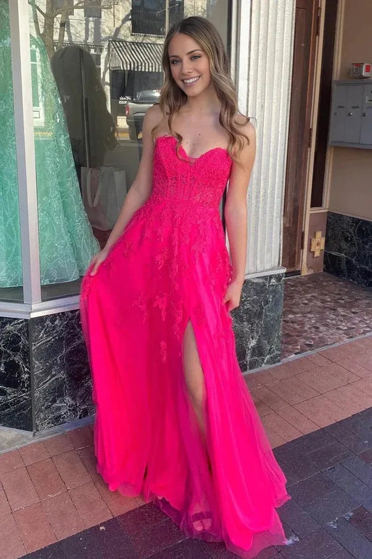 Off-the-Shoulder A-line Strapless Floral Appliques Long Prom Dresses