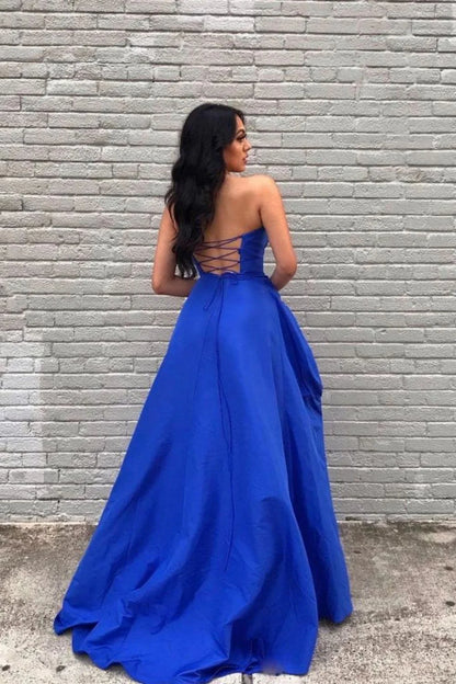 Off-the-Shoulder A Line Sweetheart Royal Blue Long Prom Dress With Slit