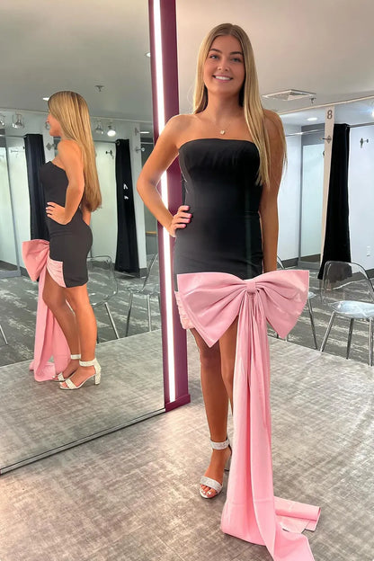 Off-the-Shoulder Black Strapless Bodycon Short Homecoming Dress with Pink Bow