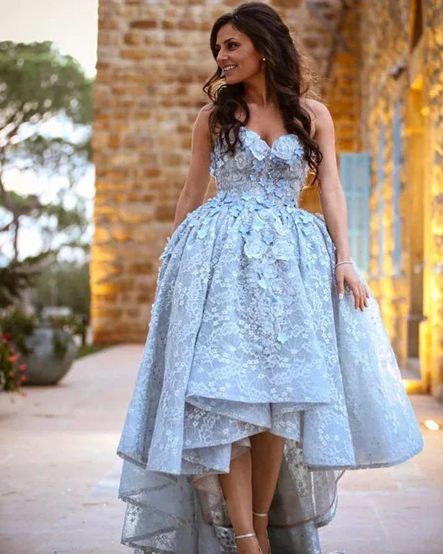 Off-the-Shoulder High Low Hem Sweetheart Prom Dresses With Applique