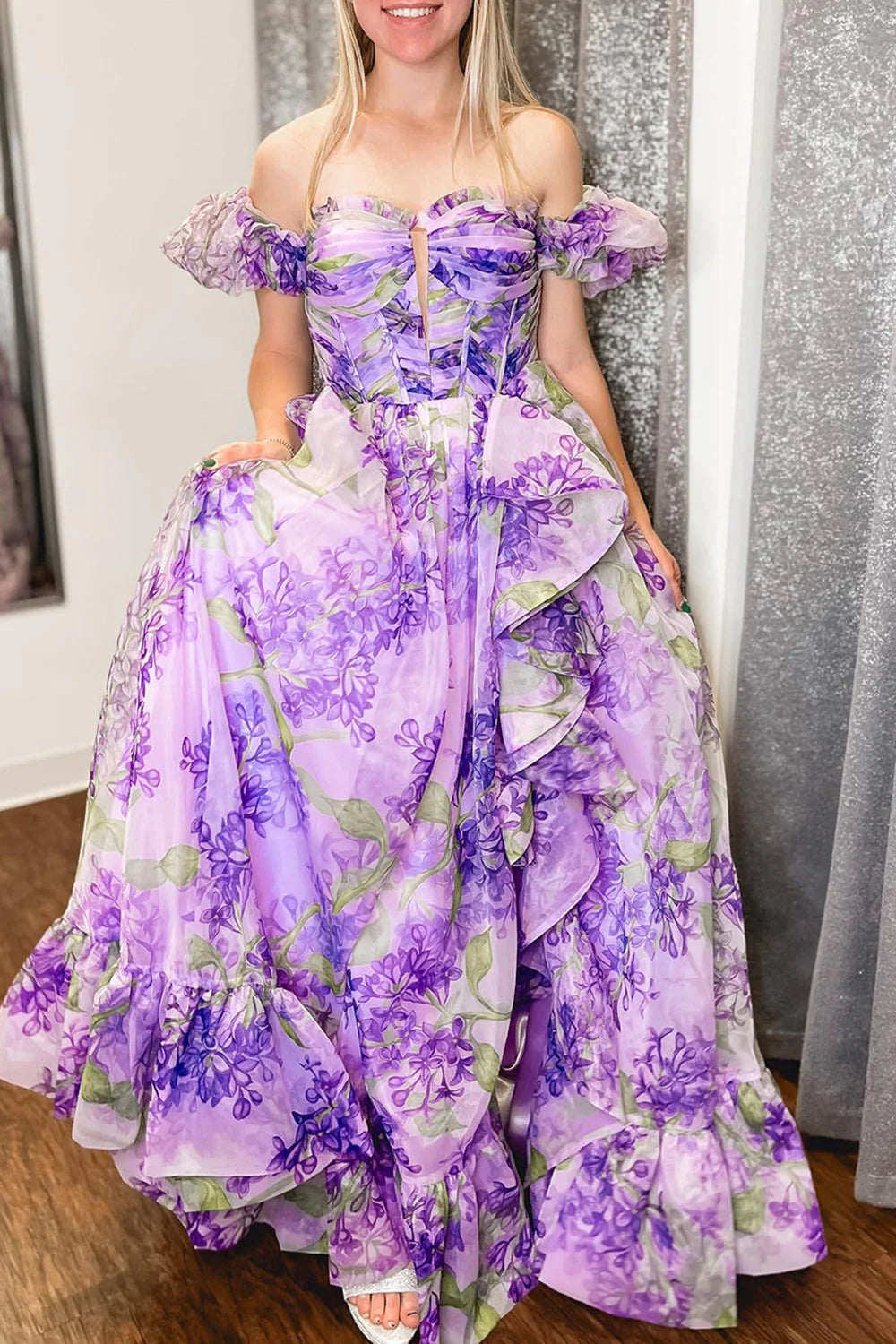 Off-the-Shoulder Lavender A-Line Strapless Long Ruffle Prom Dress With Detachable Sleeves