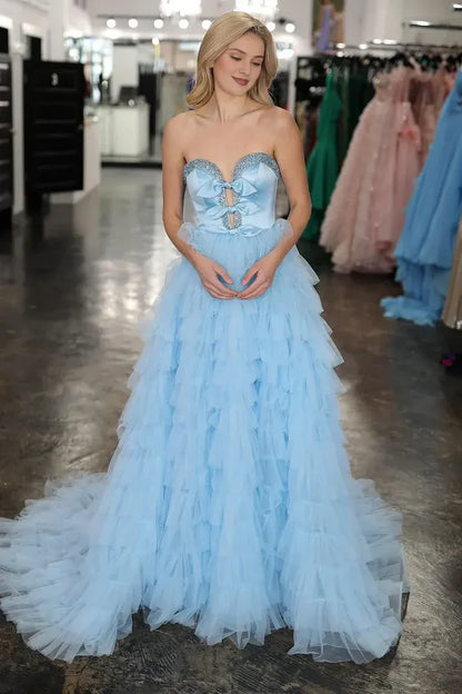 Off-the-Shoulder Light Blue Sweetheart Tiered Tulle Long Prom Dresses