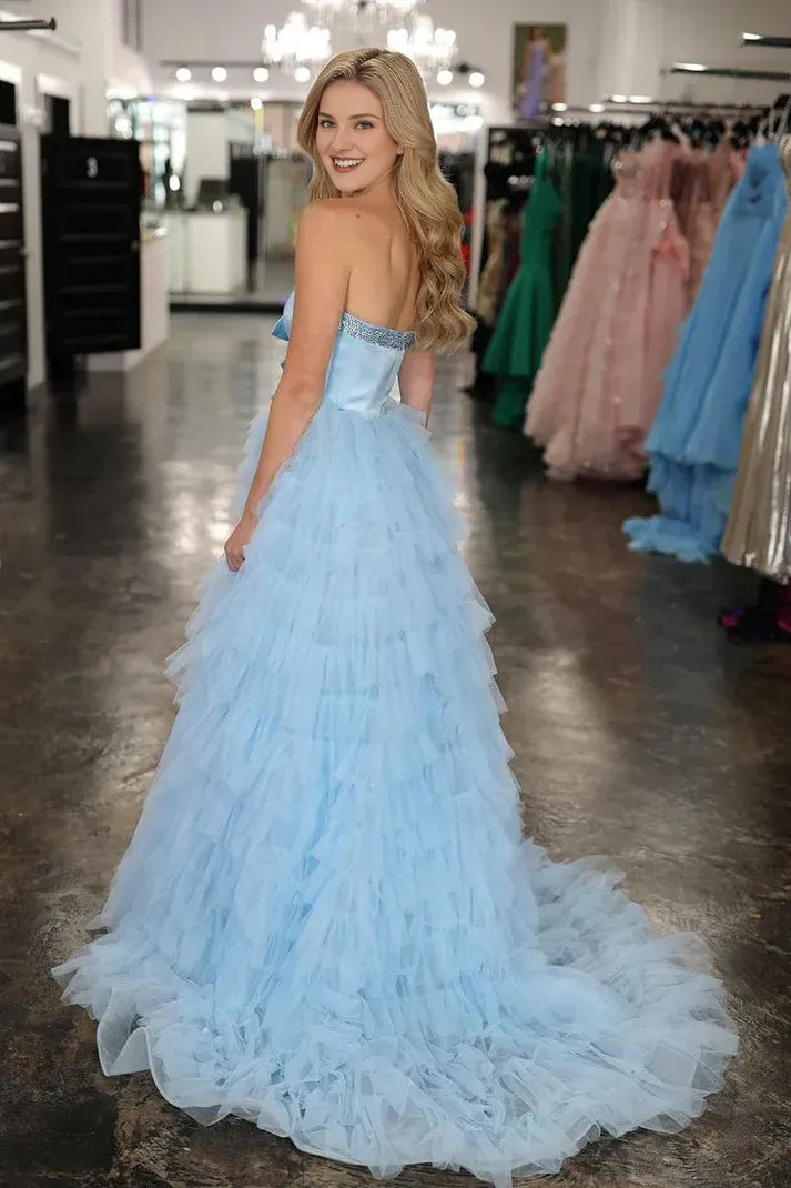 Off-the-Shoulder Light Blue Sweetheart Tiered Tulle Long Prom Dresses