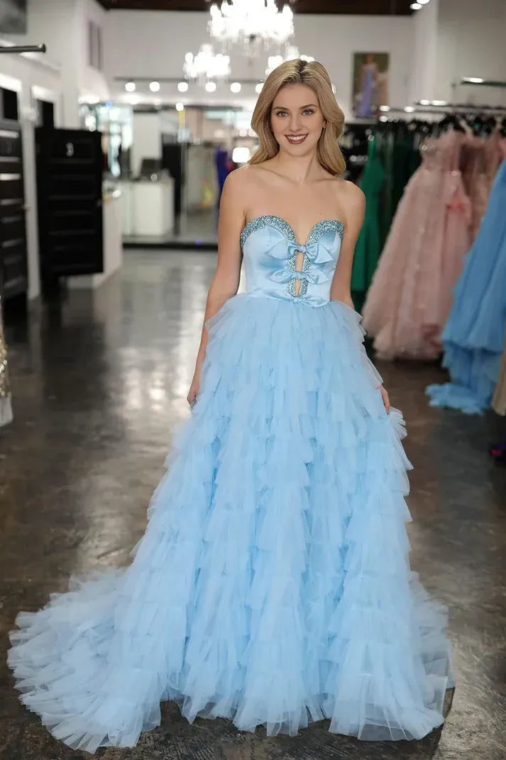 Off-the-Shoulder Light Blue Sweetheart Tiered Tulle Long Prom Dresses