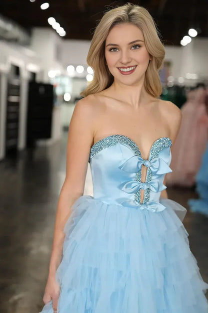 Off-the-Shoulder Light Blue Sweetheart Tiered Tulle Long Prom Dresses