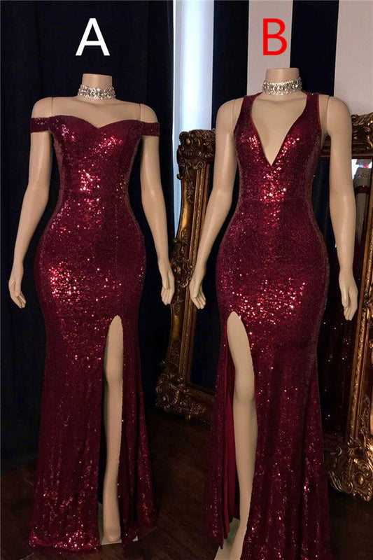 Off-the-Shoulder Long Mermaid Burgundy Sequin Prom Dresses Glitter Split Evening Gown