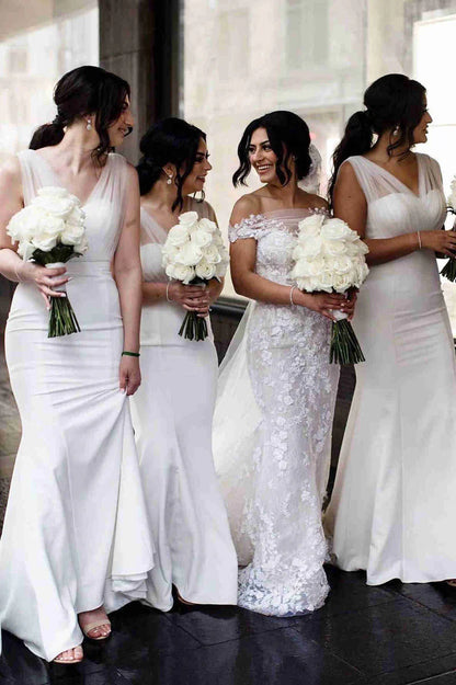 Off-the-Shoulder Long Tulle V-Neck Mermaid Boho White Bridesmaid Dresses