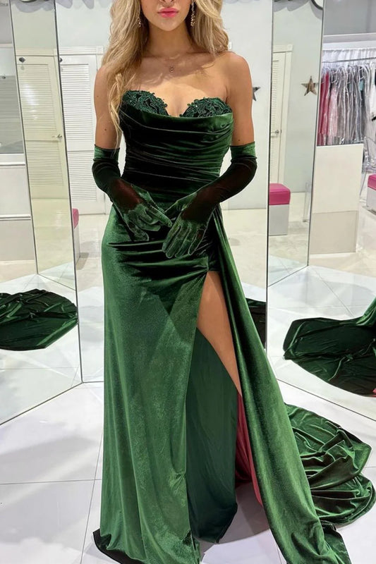 Off-the-Shoulder Mermaid Sweetheart Dark Green Velvet Prom Dress With Split Front