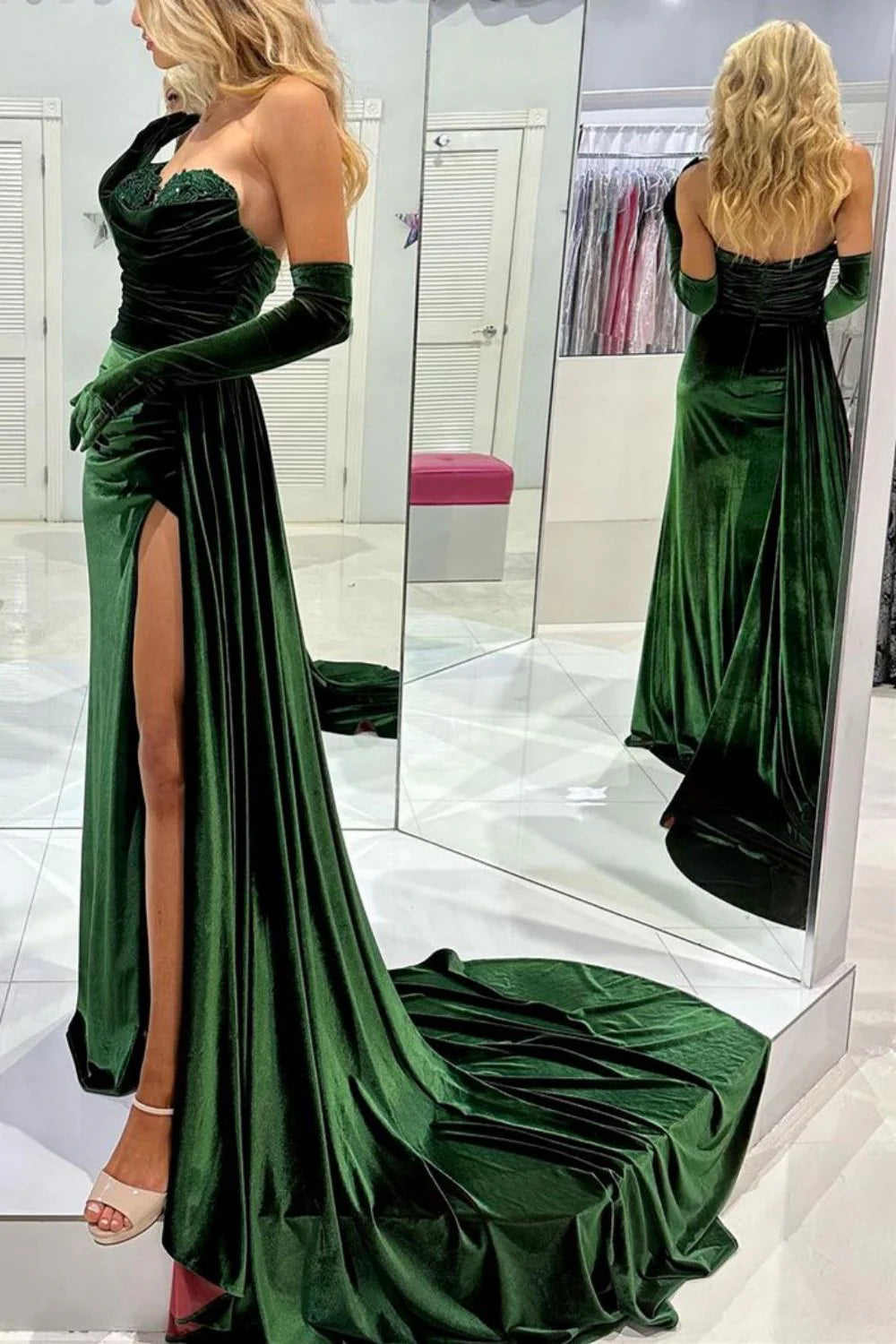 Off-the-Shoulder Mermaid Sweetheart Dark Green Velvet Prom Dress With Split Front