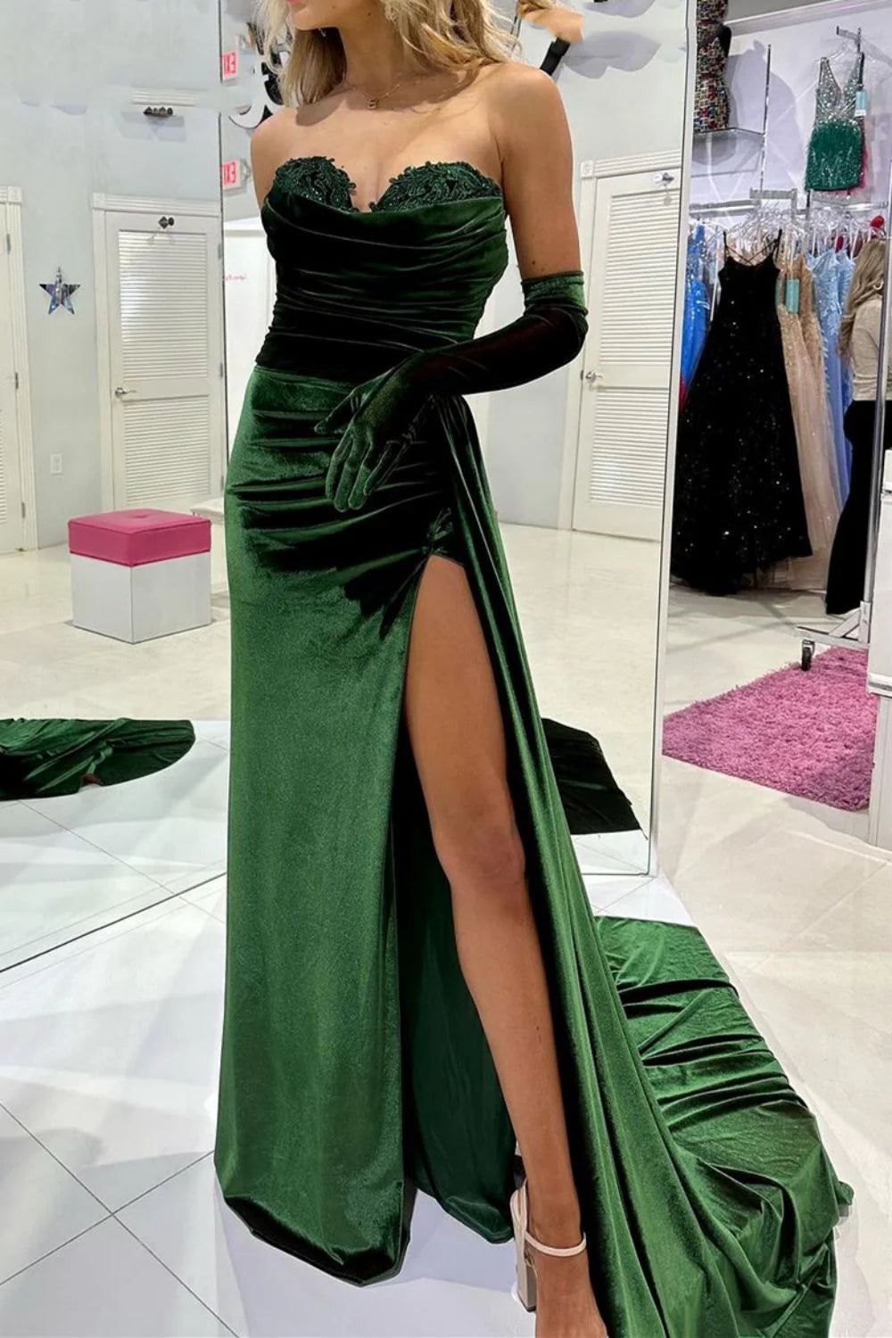 Off-the-Shoulder Mermaid Sweetheart Dark Green Velvet Prom Dress With Split Front