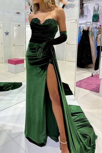 Off-the-Shoulder Mermaid Sweetheart Dark Green Velvet Prom Dress With Split Front