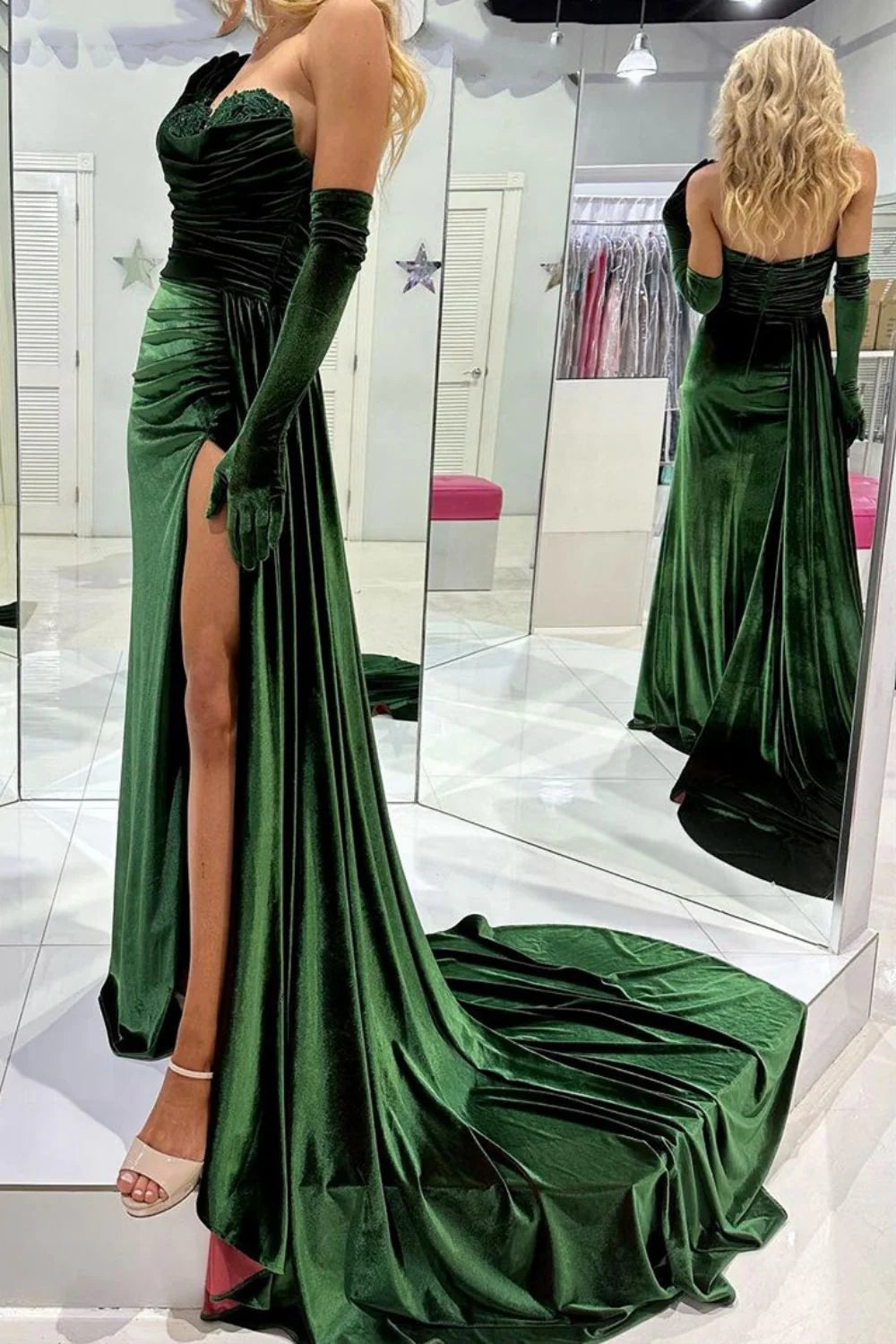 Off-the-Shoulder Mermaid Sweetheart Dark Green Velvet Prom Dress With Split Front