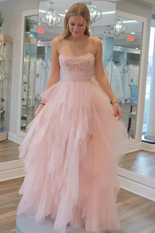 Off-the-Shoulder Multi Layer Strapless Sequin Beaded Tulle Stunning Light Pink Prom Dresses