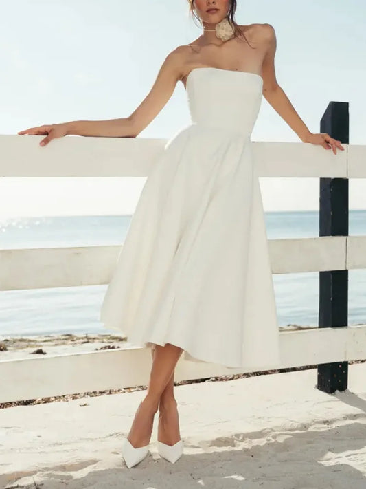 Off-the-Shoulder Sleeveless Strapless Cinched Waist Pocket Party Dress