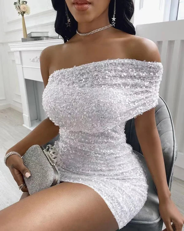 Off-the-Shoulder Sparkly One-Shoulder Sheath Homecoming Short Prom Dress