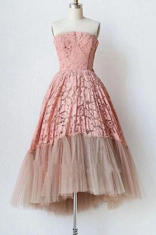 Off-the-Shoulder Unique Tulle Pink Lace Strapless Short Prom Homecoming Dress