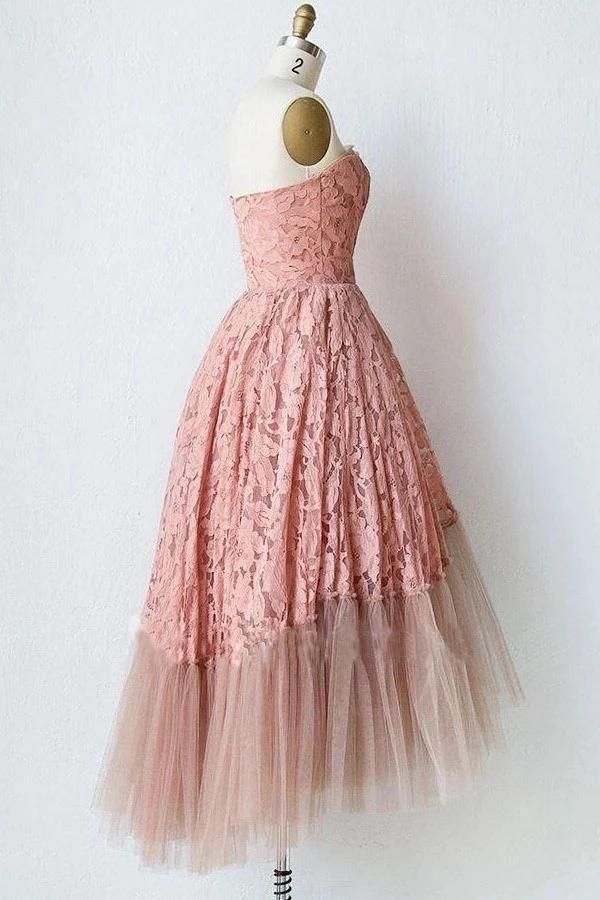 Off-the-Shoulder Unique Tulle Pink Lace Strapless Short Prom Homecoming Dress