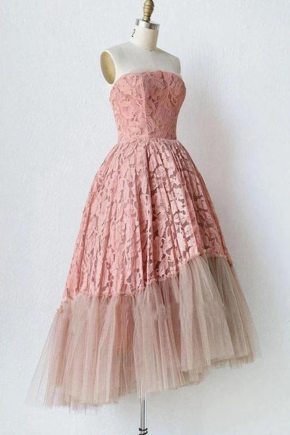 Off-the-Shoulder Unique Tulle Pink Lace Strapless Short Prom Homecoming Dress