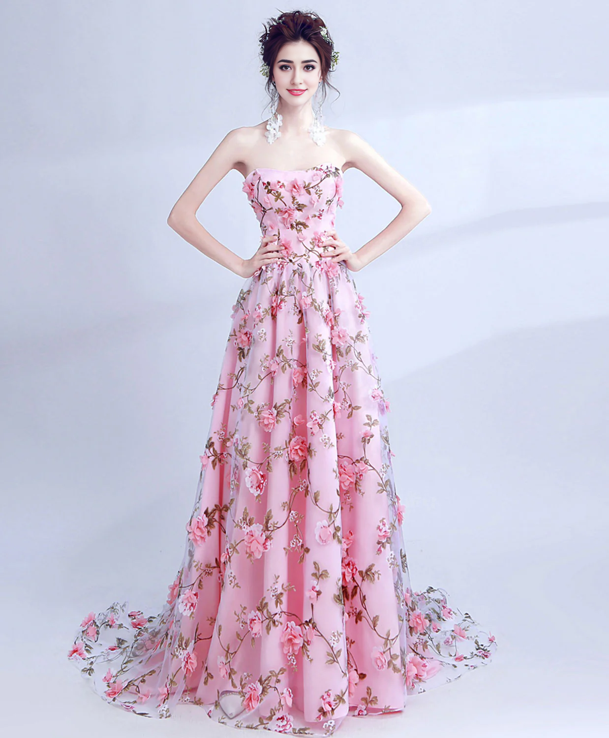 Off-the-Shoulder Tulle 3D Flowers Long Prom Dress