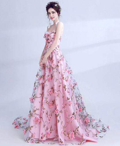 Off-the-Shoulder Tulle 3D Flowers Long Prom Dress