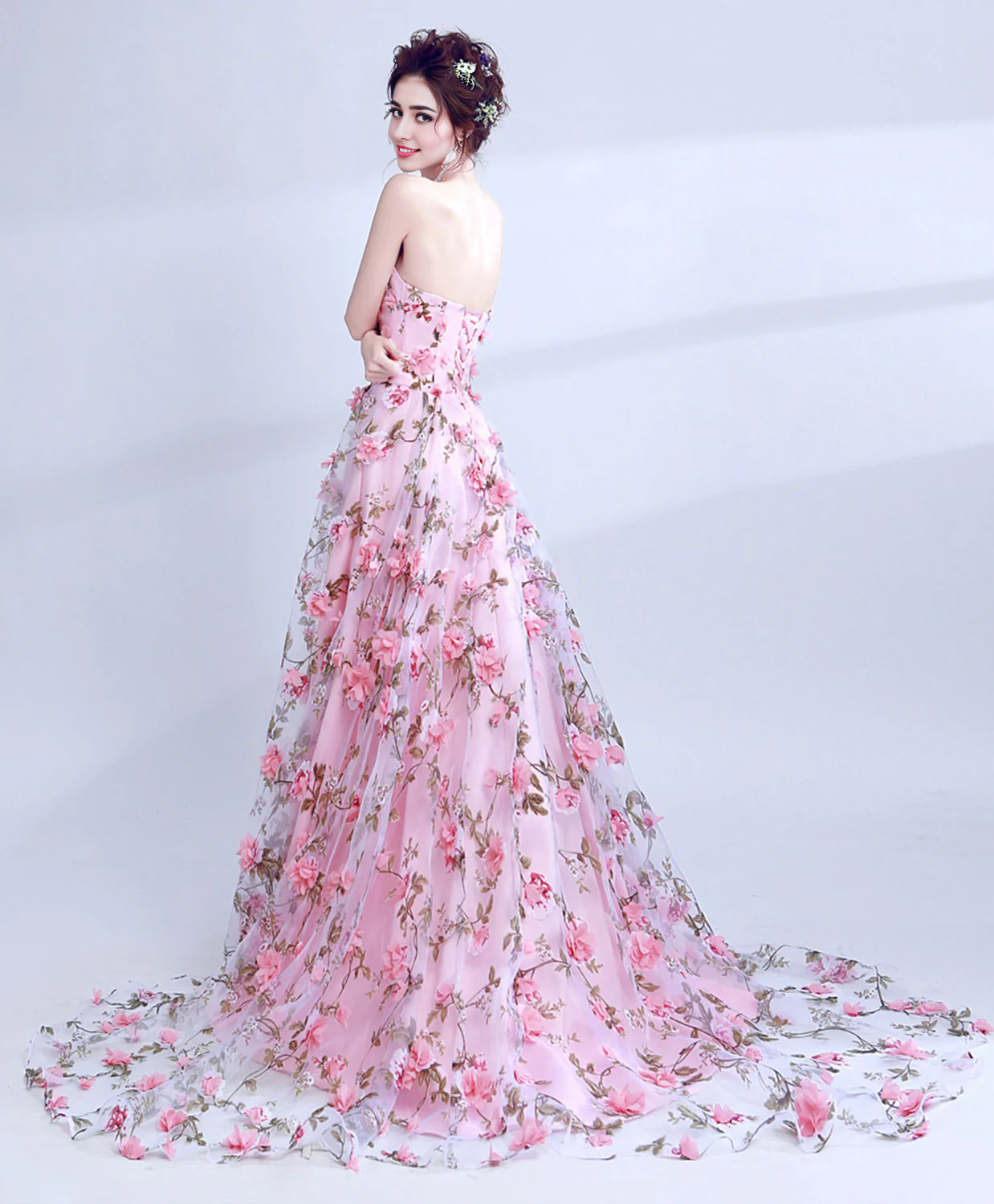 Off-the-Shoulder Tulle 3D Flowers Long Prom Dress