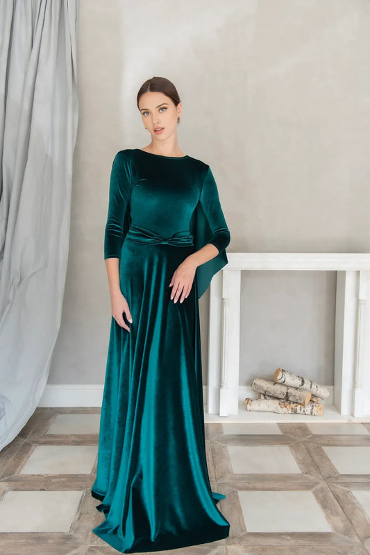 Open Back Formal Velvet Emerald Dress With Bow Formal Tie Wedding Dress Cape Low Back Dress Bridesmaid Dress Prom Velvet Dress