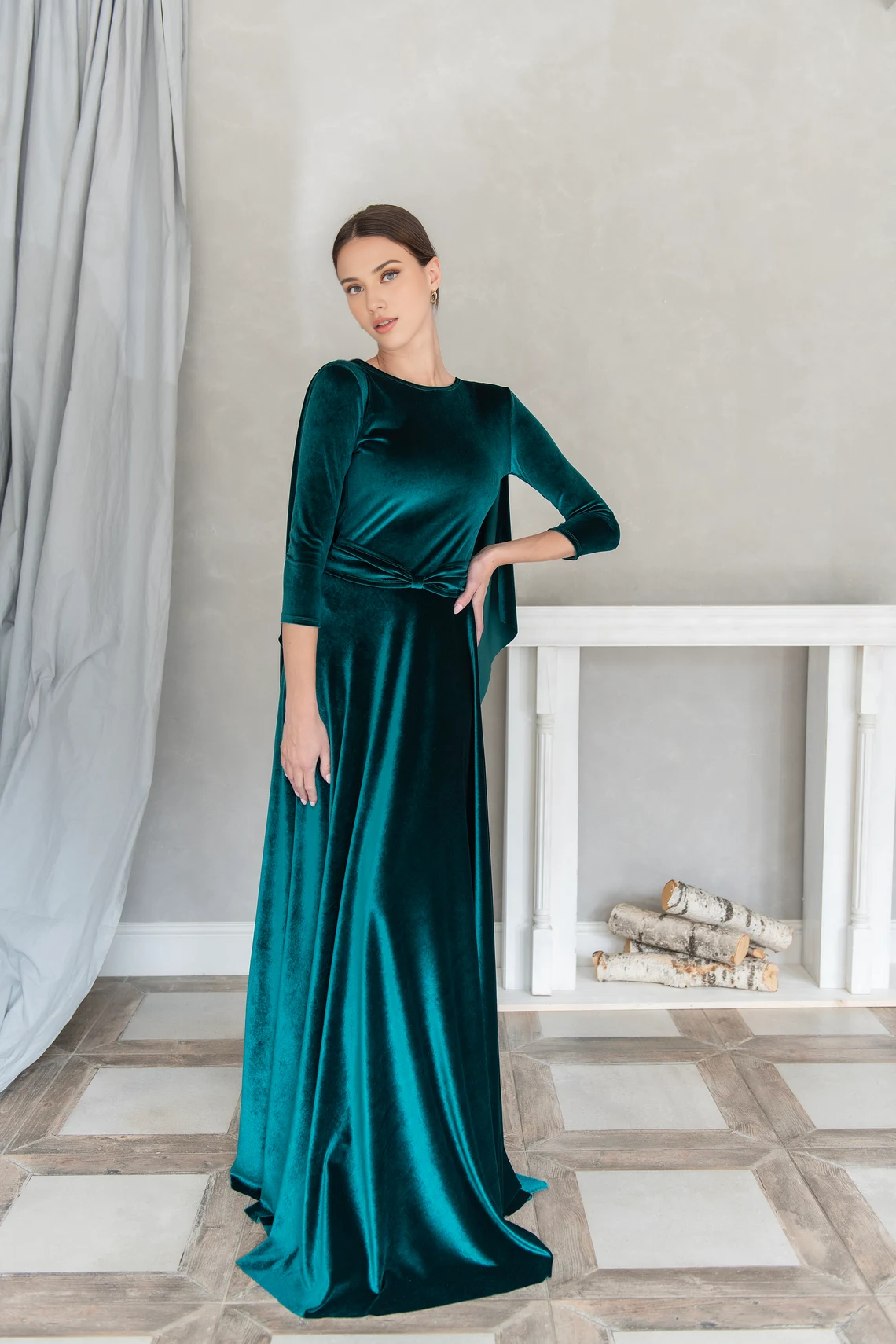 Open Back Formal Velvet Emerald Dress With Bow Formal Tie Wedding Dress Cape Low Back Dress Bridesmaid Dress Prom Velvet Dress