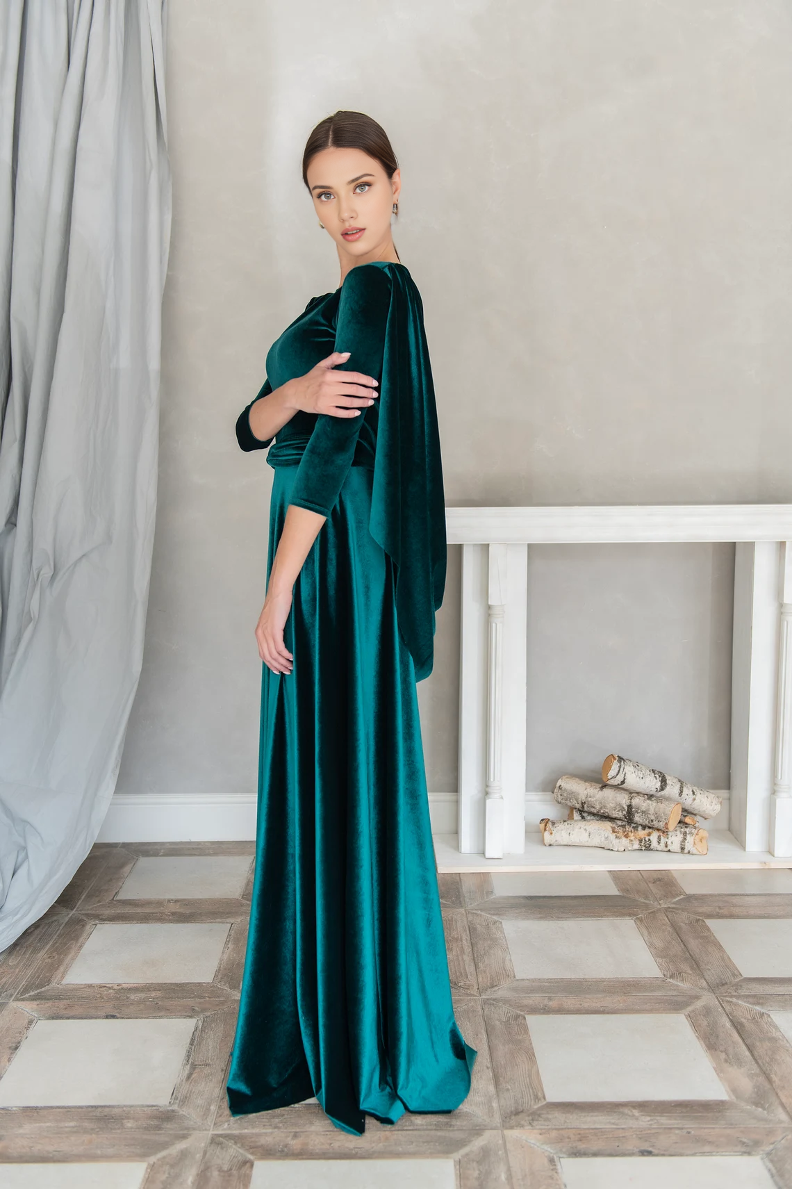 Open Back Formal Velvet Emerald Dress With Bow Formal Tie Wedding Dress Cape Low Back Dress Bridesmaid Dress Prom Velvet Dress