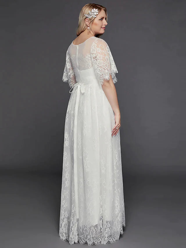 A-Line Wedding Dresses Illusion Neck Jewel Neck Floor Length Lace Tulle Half Sleeve Formal Boho Little White Dress See-Through with Beading Lace Insert