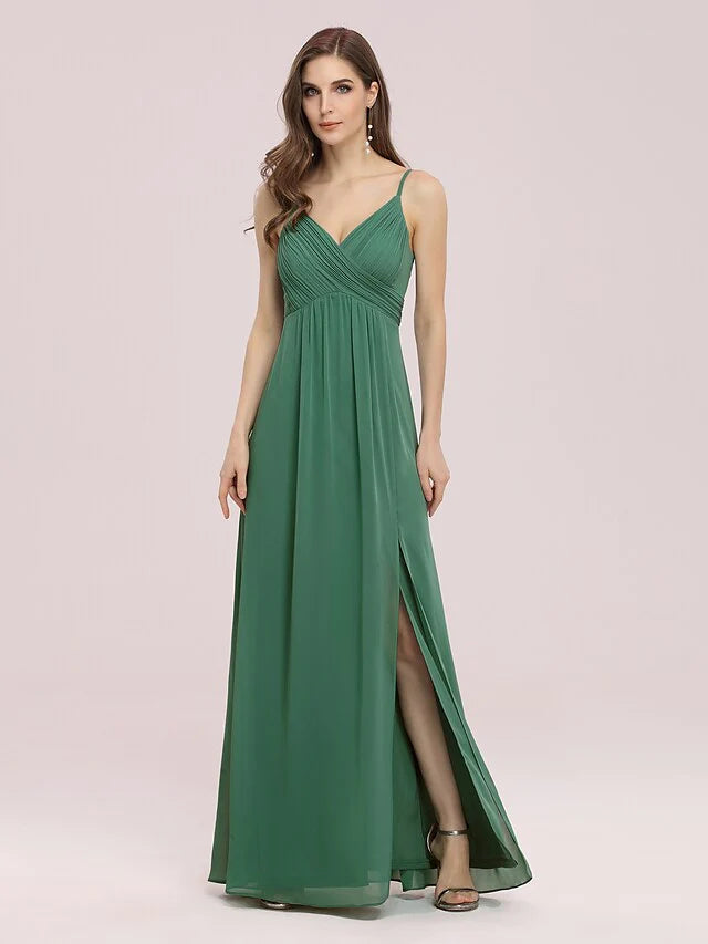 A-Line V Neck Floor Length Chiffon Bridesmaid Dress