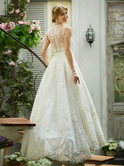 A-Line Wedding Dresses Plunging Neck Lace Over Tulle Sleeveless See-Through Beautiful Back Illusion Detail with Sash Ribbon Appliques