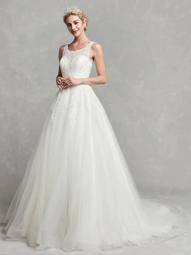 A-Line Wedding Dresses Scoop Neck Chapel Train Lace Tulle Regular Straps Formal Illusion Detail with Lace Sash Ribbon