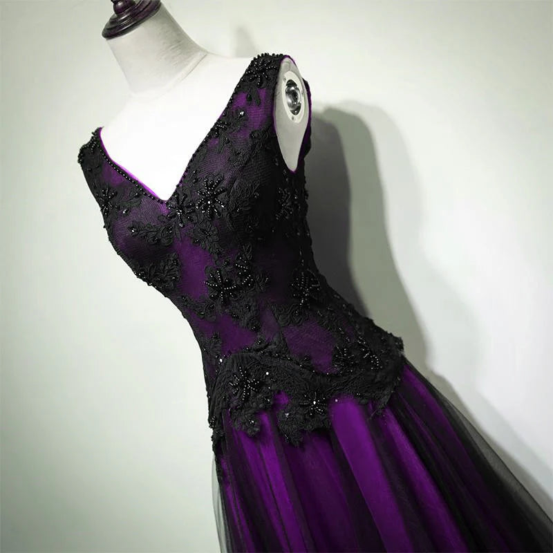 Black and Purple V-neckline A-line Prom Dress