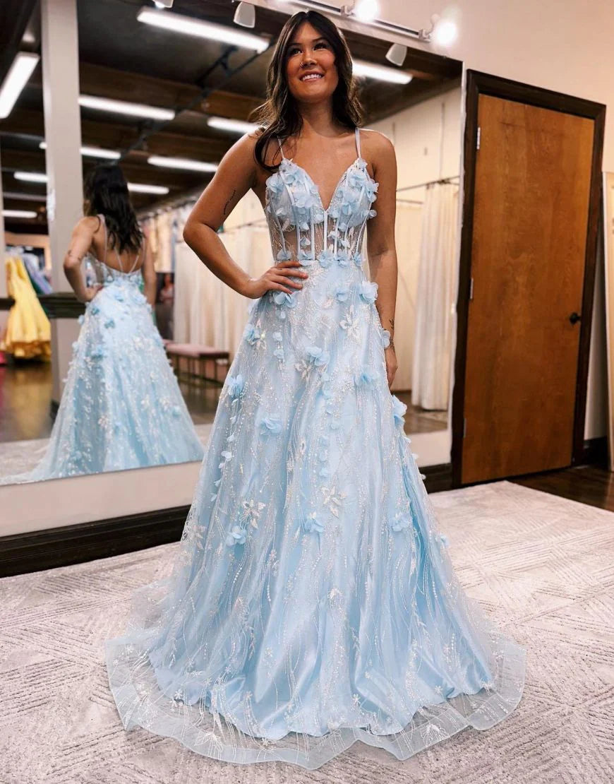 Pretty A-Line Spaghetti Straps Floor Length Prom Dress With 3D Flowers