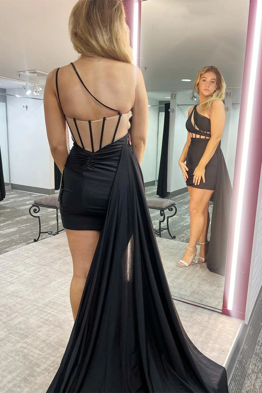 One-Shoulder Sheer Waist Short Homecoming Dress with Attached Train