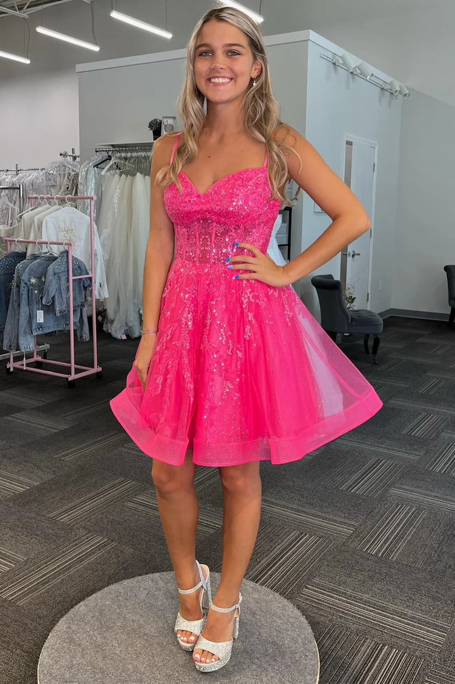 A-Line Tulle Sequin Lace-Up Short Homecoming Dress ﻿