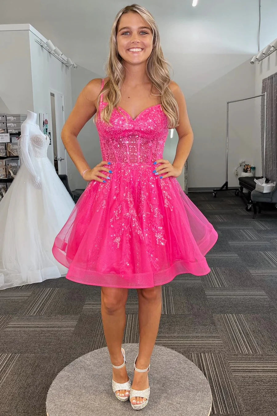 A-Line Tulle Sequin Lace-Up Short Homecoming Dress ﻿