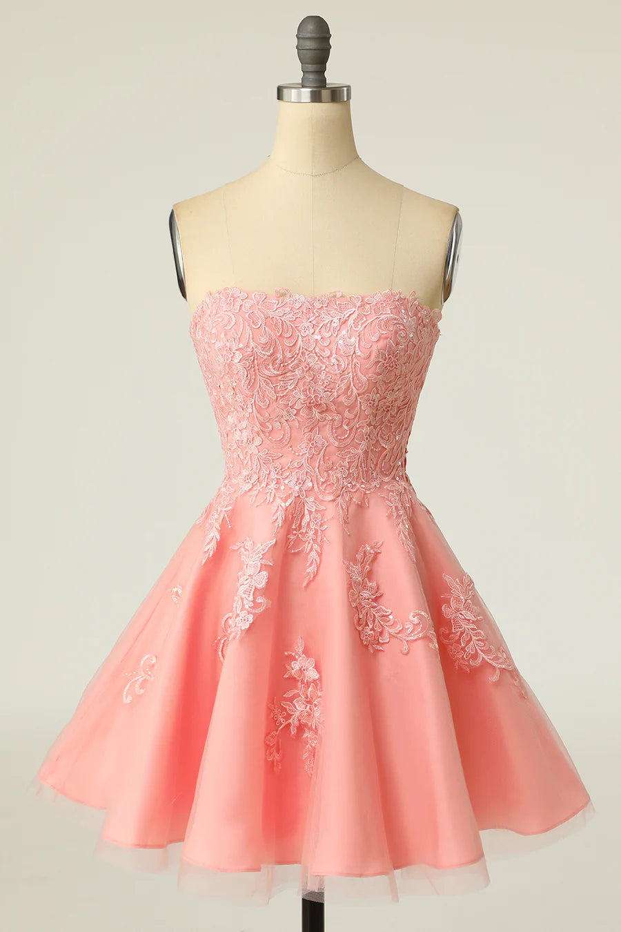 A-Line Strapless Lace-Up Homecoming Dress with Floral Lace