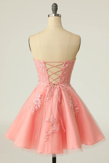 A-Line Strapless Lace-Up Homecoming Dress with Floral Lace